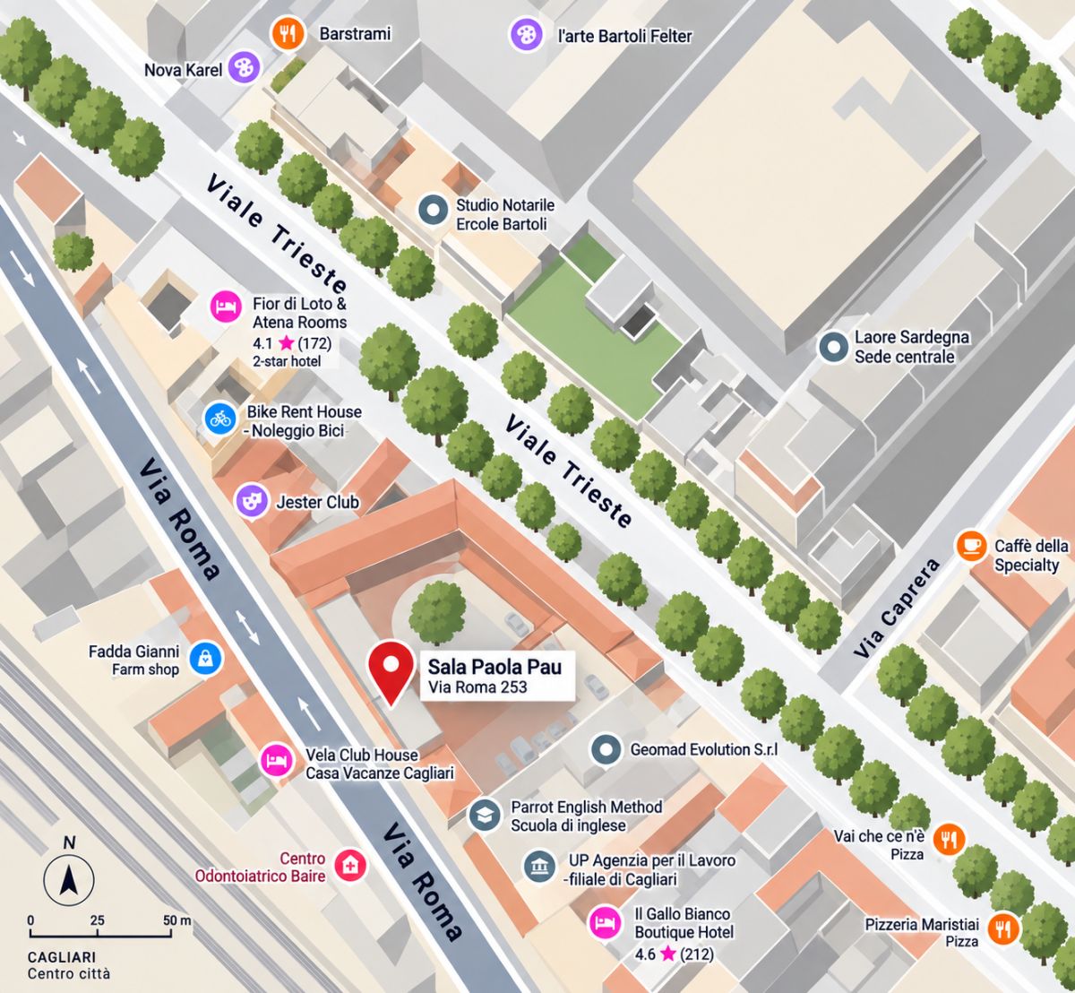 Mappa della zona di Via Roma a Cagliari con la posizione della Sala Paola Pau